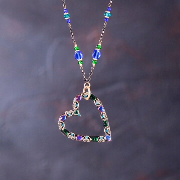 Michal Golan's Peacock Crystals Open Heart Necklace Swarovski crystals